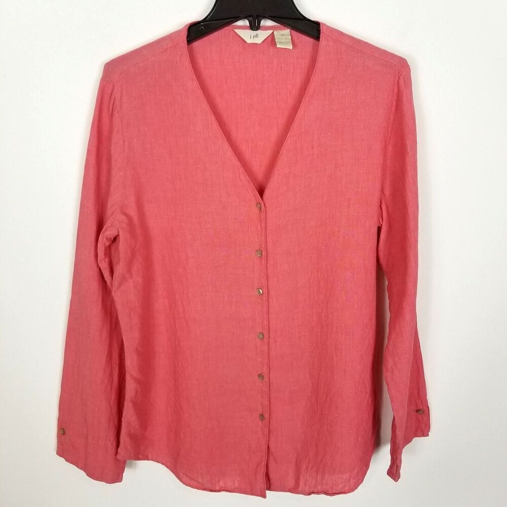 J.Jill Women Linen Button Blouse Top Size M Pink Long‎ Sleeve Tunic Lagenlook
